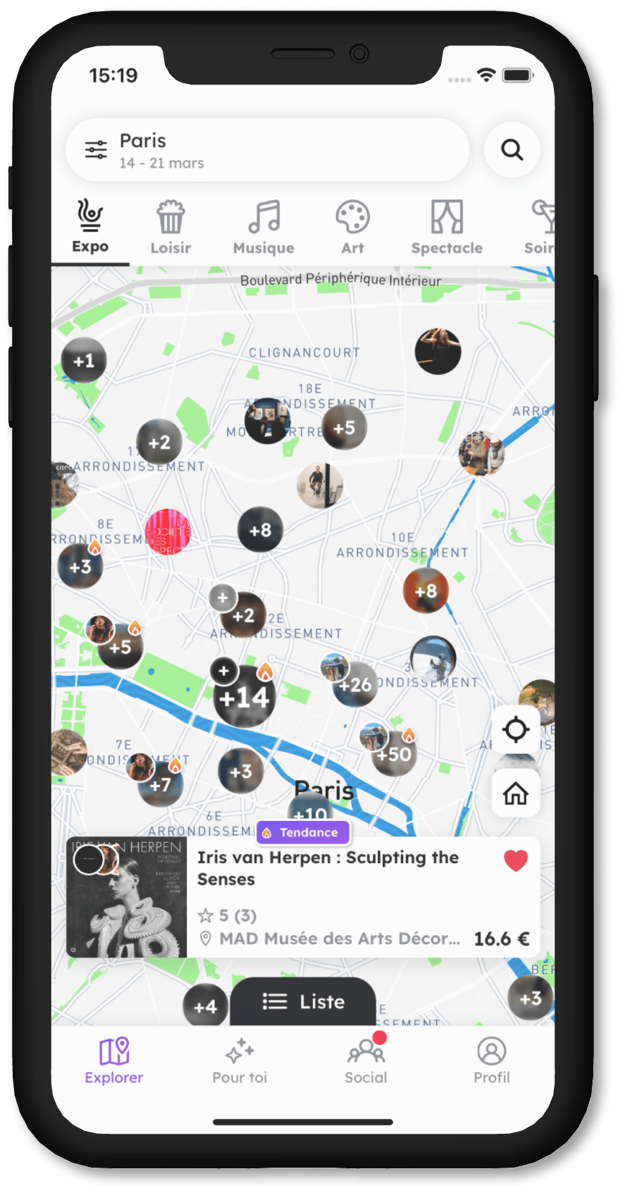 Écran de l'app Wander