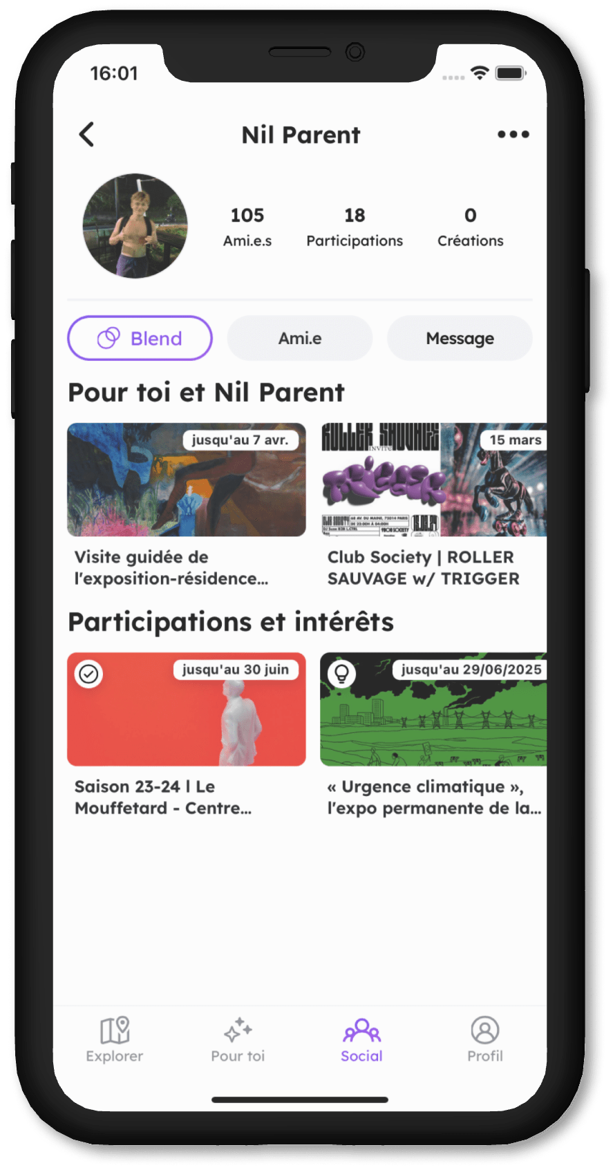 Écran de l'app Wander